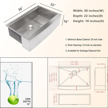 30in W x 22in D Farmhouse Kitchen Sink Workstation Stainless Steel Single Bowl 16 Gauge Apron Front  from Kichae