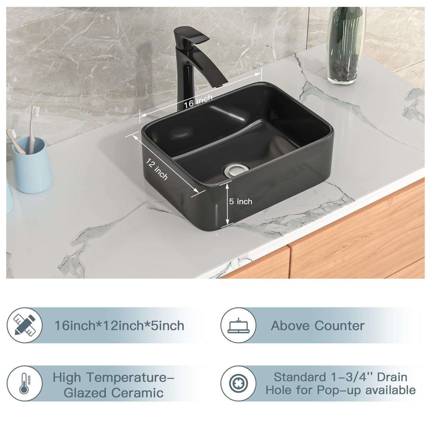 Modern Rectangular Above Counter  Black Vessel Sink - Kichae 16 x 12 Ceramic Porcelain Art Basin