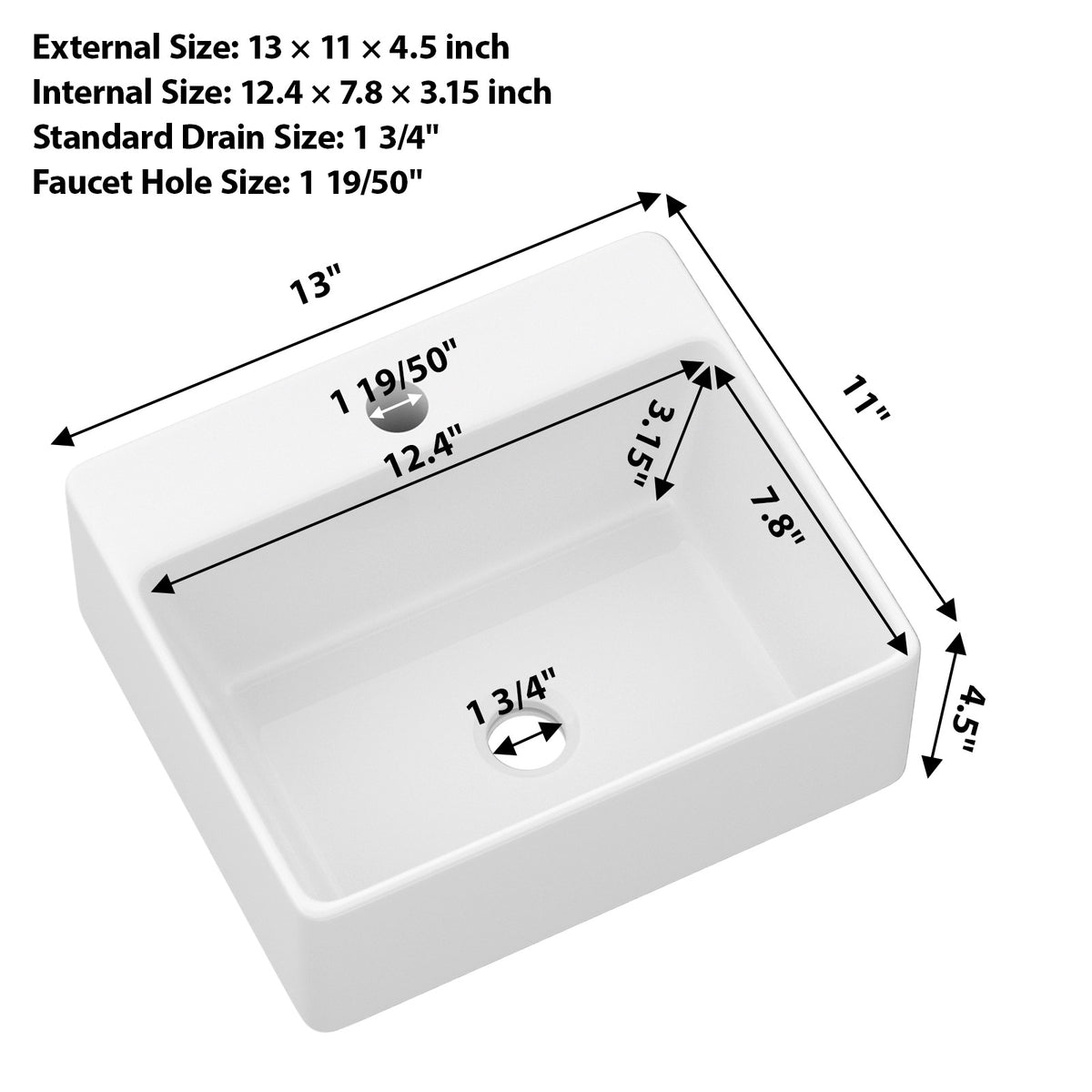 Kichae 13 x 11 Inch Wall Mount White Ceramic Vessel Sink Bathroom Sink with Faucet Hole