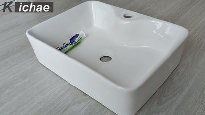 Kichae 16 x 12 Inch Rectangular White Ceramic Vessel Bathroom Sink Above Counter Vanity Basin