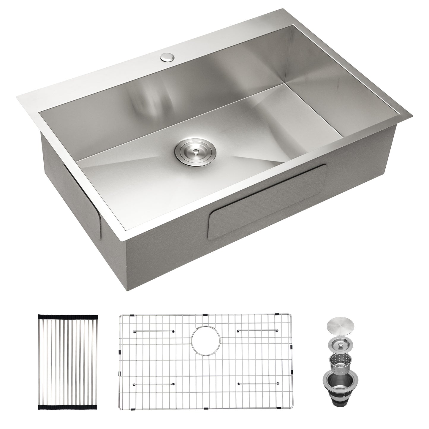 33" W x 22" D Topmount Kitchen Sink Single Bowl Stainless Steel 18 Gauge with Sink Grid