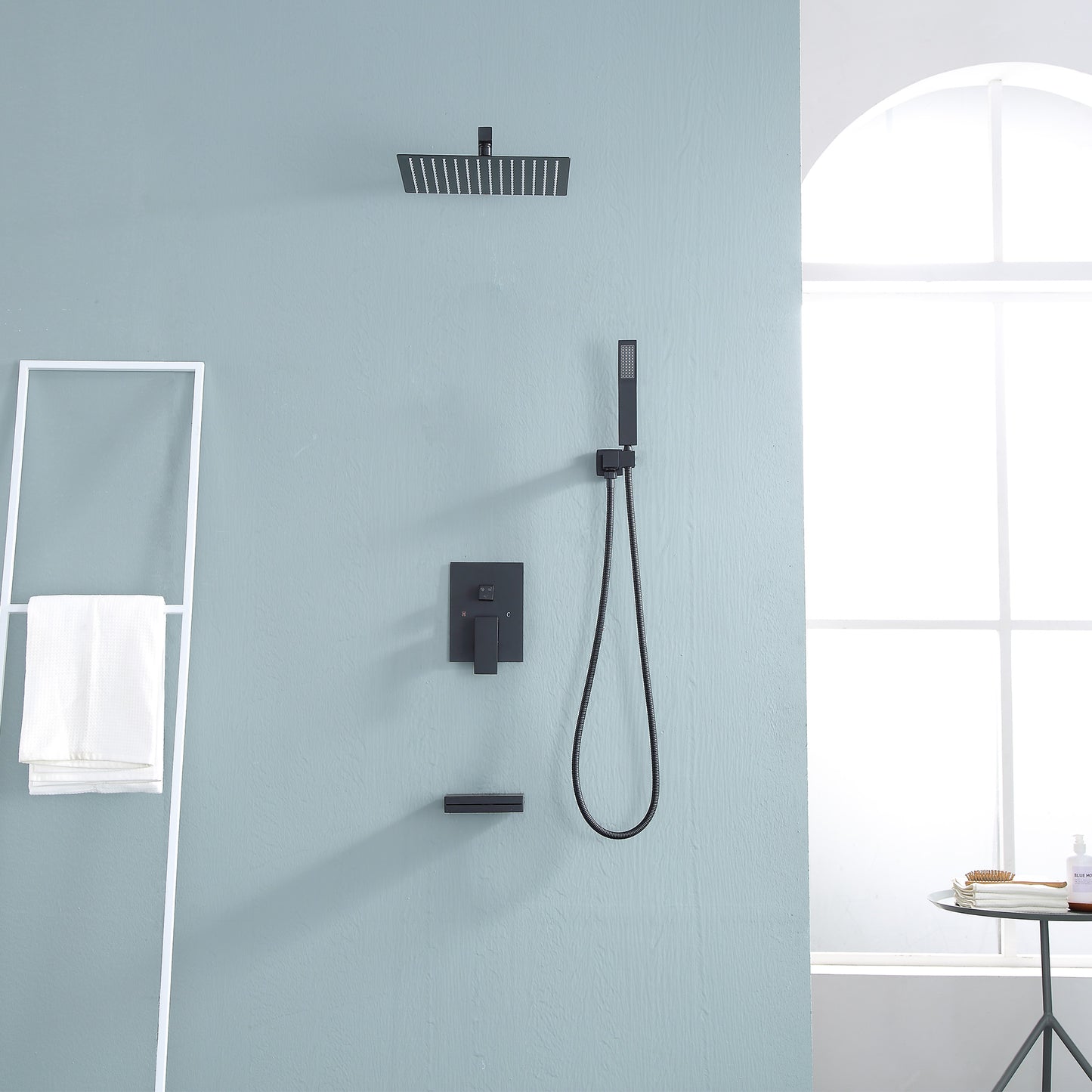 12 Inch Rainfall Square Shower System with Handheld Shower and Linear Faucet Wall Mounted(Valve Included)