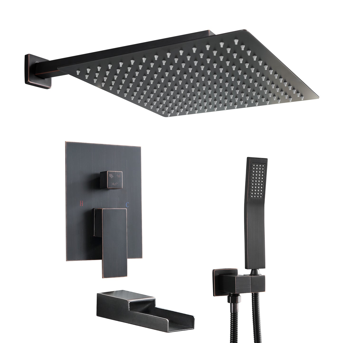 12 Inch Rainfall Square Shower System with Waterfall Faucet Wall Mounted (Valve Included)