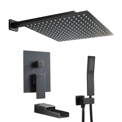 12 Inch Rainfall Square Shower System with Waterfall Faucet Wall Mounted (Valve Included)