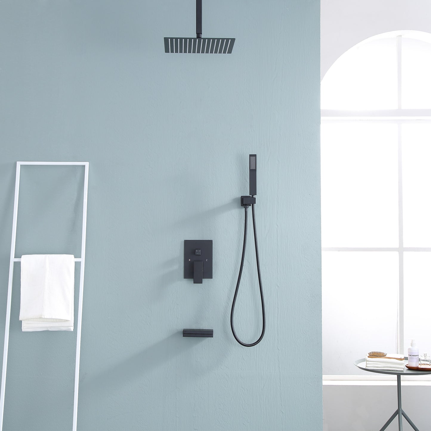 12 Inch Rainfall Square Shower System with Handheld Shower and Linear Faucet Ceiling Mounted (Valve Included)