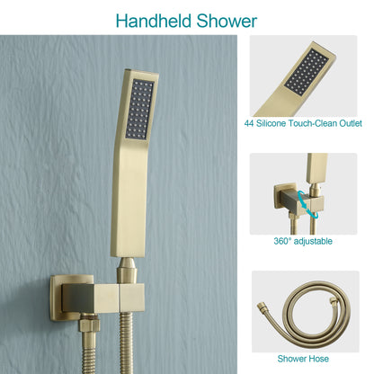 12 Inch Rainfall Square Shower System with Handheld Shower Ceiling Mounted in Matte Black/Gold (Valve Included)