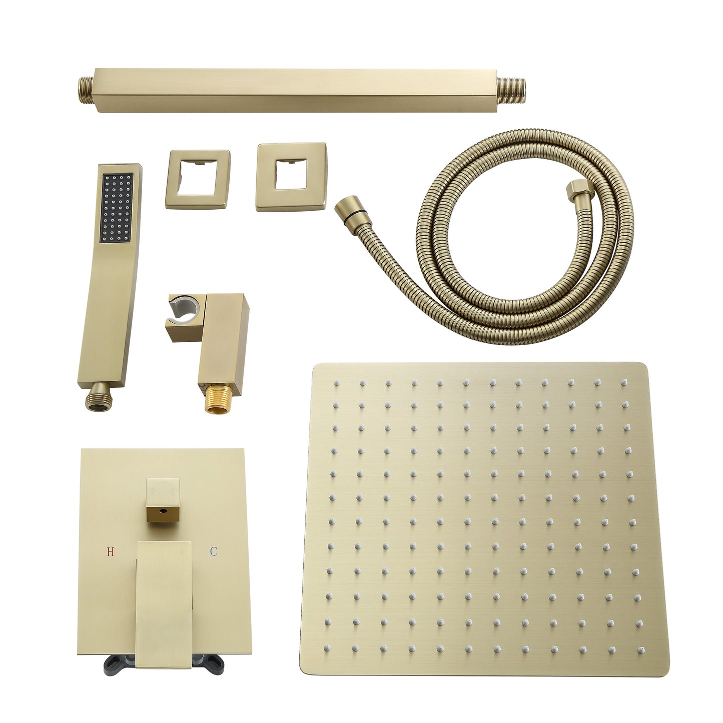 12 Inch Rainfall Square Shower System with Handheld Shower Ceiling Mounted in Matte Black/Gold (Valve Included)