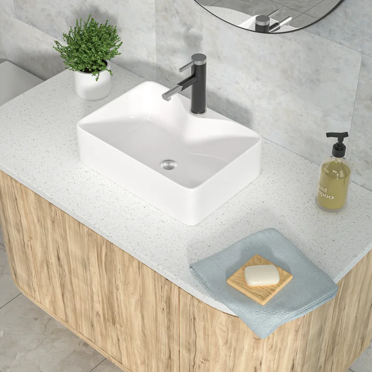 18-4/5"Wx14-1/2"Dx5-1/2"H Bathroom Vessel Sink White Ceramic Rectangular with 1 Faucet Hole