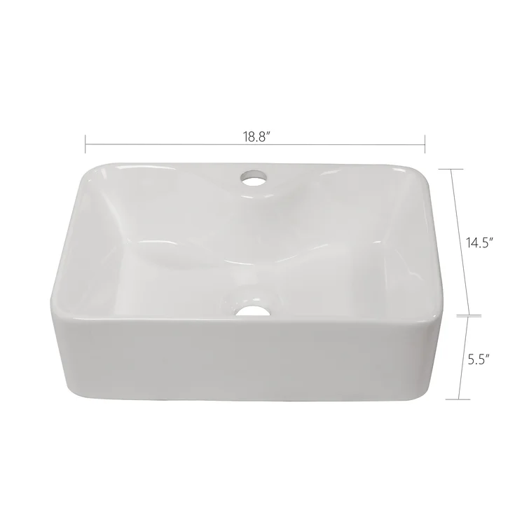 18-4/5"Wx14-1/2"Dx5-1/2"H Bathroom Vessel Sink White Ceramic Rectangular with 1 Faucet Hole