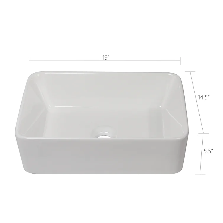 19"Wx14-1/2"Dx5-1/2"H Bathroom Vessel Sink White Glazed Ceramic Rectangular