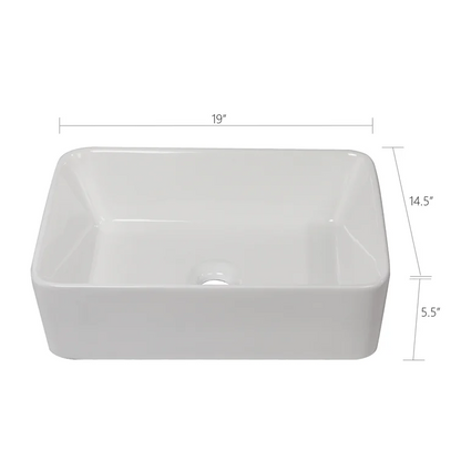 19"Wx14-1/2"Dx5-1/2"H Bathroom Vessel Sink White Glazed Ceramic Rectangular