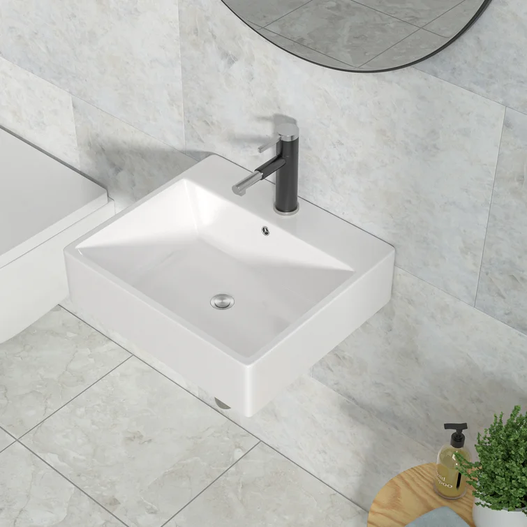 20"Wx18"Dx5-1/2"H Bathroom Vessel Sink White Ceramic Rectangular Wall-Mounted With Right Angle