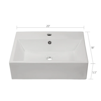 20"Wx18"Dx5-1/2"H Bathroom Vessel Sink White Ceramic Rectangular Wall-Mounted With Right Angle