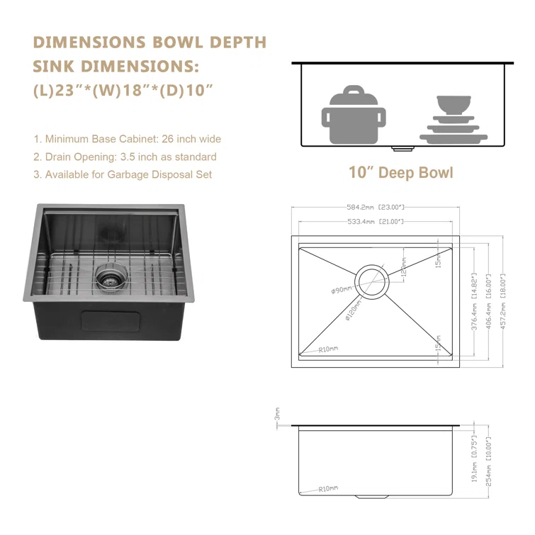 23" W x 18" D Undermount Kitchen Sink Workstation Sink Single Bowl with Cutting Board