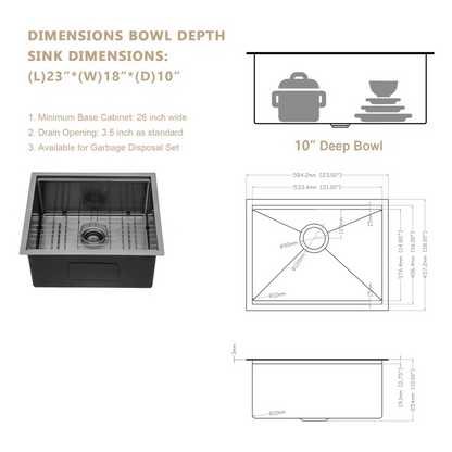 23" W x 18" D Undermount Kitchen Sink Workstation Sink Single Bowl with Cutting Board