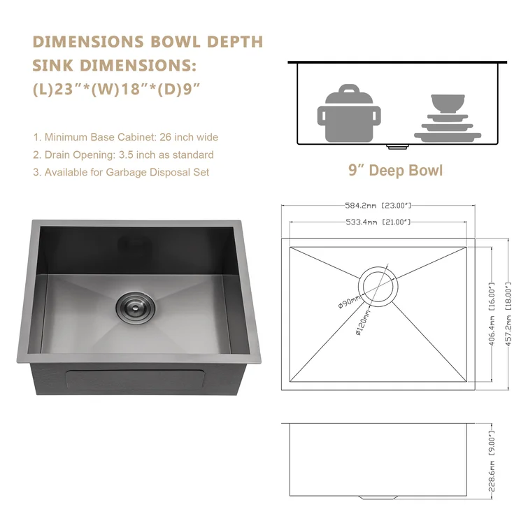 23" W x 18" D Undermount Kitchen Sink Bar Sink Stainless Steel Sing Bowl with Accessories