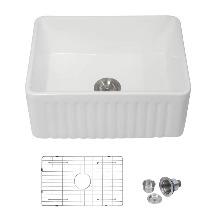 24" W x 18" D Farmhouse Kitchen Sink White Ceramic with Bottom Grid Apron Front