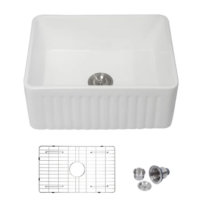 24" W x 18" D Farmhouse Kitchen Sink White Ceramic with Bottom Grid Apron Front