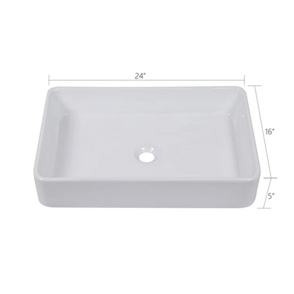 24"Wx16"Dx5"H Bathroom Vessel Sink White Ceramic Rectangular Top-Mounted