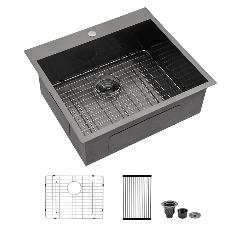 25" W x 22" D Topmount Kitchen Sink Gunmetal Black Sink with Roll-up Rack