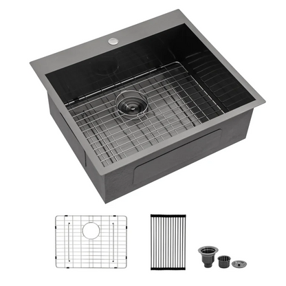 25" W x 22" D Topmount Kitchen Sink Gunmetal Black Sink with Roll-up Rack