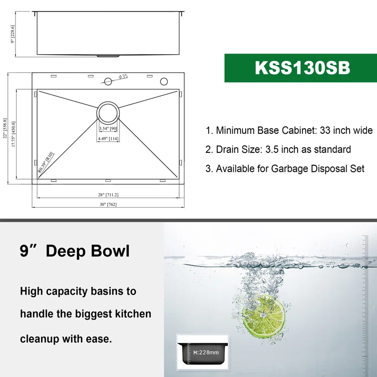 Kichae 30 Inch Black Kitchen Sink Drop In- 30x22 Gunmetal Black Stainless Steel Drop In Kitchen Sink Topmount 16 Gauge Deep Handmade Single Bowl Kitchen Sink Basin Round Corner