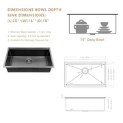 28'' W x 18'' D Undermount Kitchen Sink Worksation Sink Gunmetal Black Single Bowl Stainless Steel Kichae USA