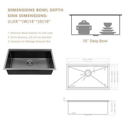 28'' W x 18'' D Undermount Kitchen Sink Worksation Sink Gunmetal Black Single Bowl Stainless Steel