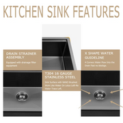 28'' W x 18'' D Undermount Kitchen Sink Worksation Sink Gunmetal Black Single Bowl Stainless Steel Kichae USA