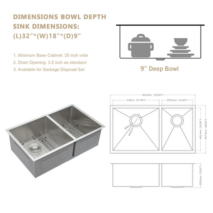 32" W x 18" D Undermount Kitchen Sink Double Offset Bowl Stainless Steel with Accessories