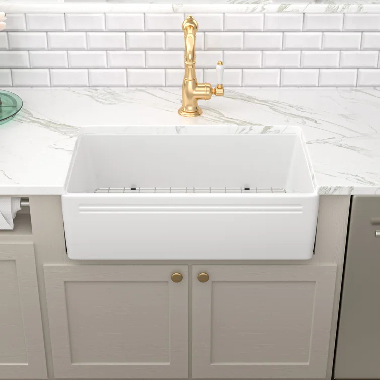 30" W x 18" D Farmhouse Kitchen Sink White Ceramic Single Bowl with Drain Assembly