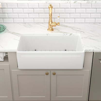 30" W x 18" D Farmhouse Kitchen Sink White Ceramic Single Bowl with Drain Assembly