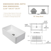 30'' W x 18'' D Farmhouse Kitchen Sink White Ceramic Single Bowl with Drain Assembly Kichae USA