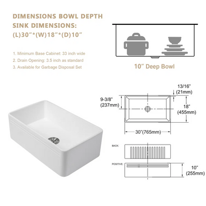 30" W x 18" D Farmhouse Kitchen Sink White Ceramic Single Bowl with Drain Assembly