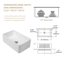 Load image into Gallery viewer, 30&quot; W x 18&quot; D Farmhouse Kitchen Sink White Ceramic Single Bowl with Drain Assembly
