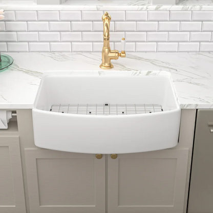 30" W x 19" D Farmhouse Kitchen Sink Radian Single Deep Bowl White Ceramic with Sink Grid