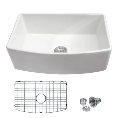 30" W x 19" D Farmhouse Kitchen Sink Radian Single Deep Bowl White Ceramic with Sink Grid