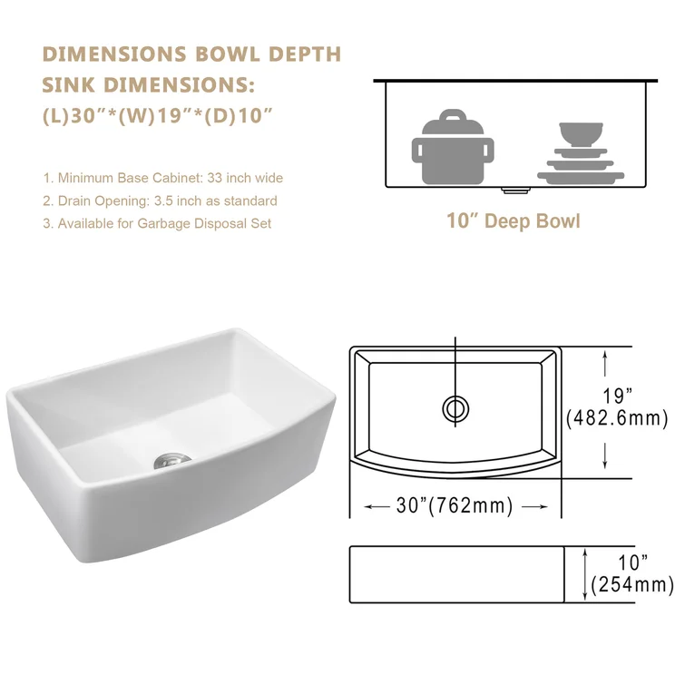 30" W x 19" D Farmhouse Kitchen Sink Radian Single Deep Bowl White Ceramic with Sink Grid