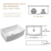 30'' W x 19'' D Farmhouse Kitchen Sink Radian Single Deep Bowl White Ceramic with Sink Grid Kichae USA