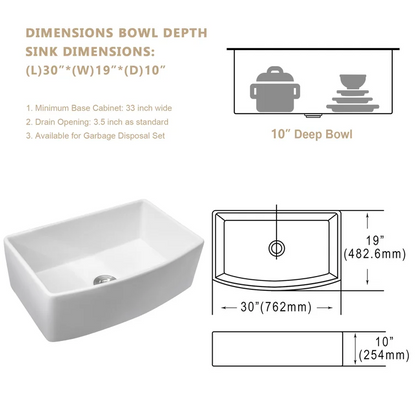 30" W x 19" D Farmhouse Kitchen Sink Radian Single Deep Bowl White Ceramic with Sink Grid