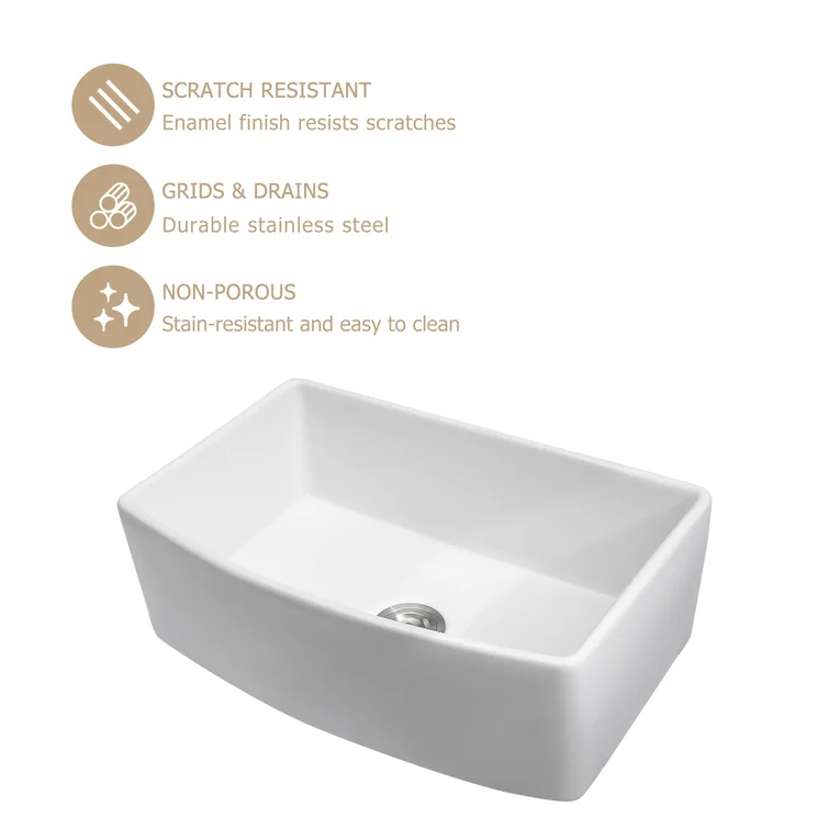 30" W x 19" D Farmhouse Kitchen Sink Radian Single Deep Bowl White Ceramic with Sink Grid