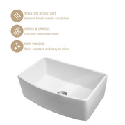 30'' W x 19'' D Farmhouse Kitchen Sink Radian Single Deep Bowl White Ceramic with Sink Grid Kichae USA