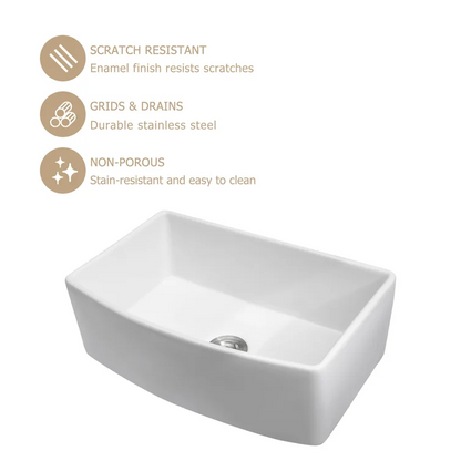 30" W x 19" D Farmhouse Kitchen Sink Radian Single Deep Bowl White Ceramic with Sink Grid