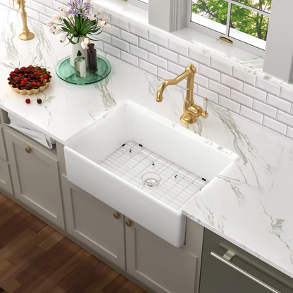 30" W x 20" D Farmhouse Kitchen Sink White Ceramic Deep Bowl with Accessories