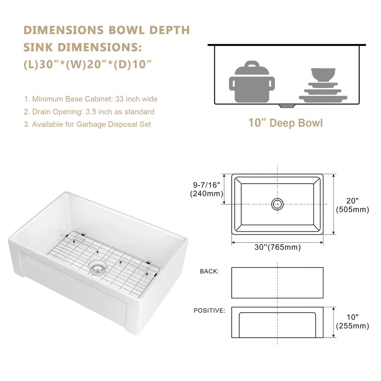 30" W x 20" D Farmhouse Kitchen Sink White Ceramic Deep Bowl with Accessories