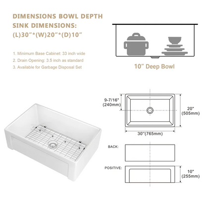 30" W x 20" D Farmhouse Kitchen Sink White Ceramic Deep Bowl with Accessories