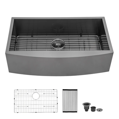 30" W x 20" D Farmhouse Kitchen Sink Gunmetal Black Single Sowl with Bottom Grid Apron Front