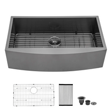 Load image into Gallery viewer, 30&quot; W x 20&quot; D Farmhouse Kitchen Sink Gunmetal Black Single Sowl with Bottom Grid Apron Front
