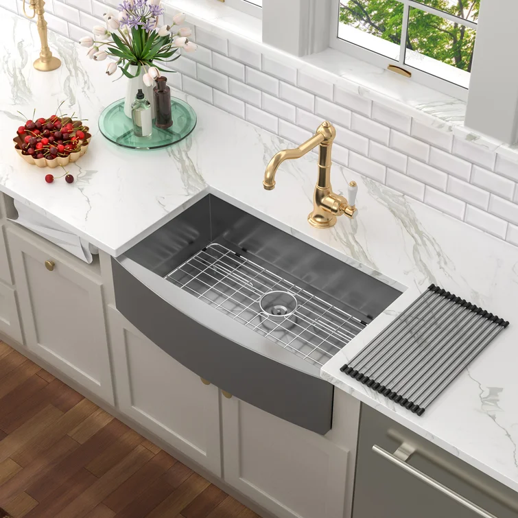 30" W x 20" D Farmhouse Kitchen Sink Gunmetal Black Single Sowl with Bottom Grid Apron Front