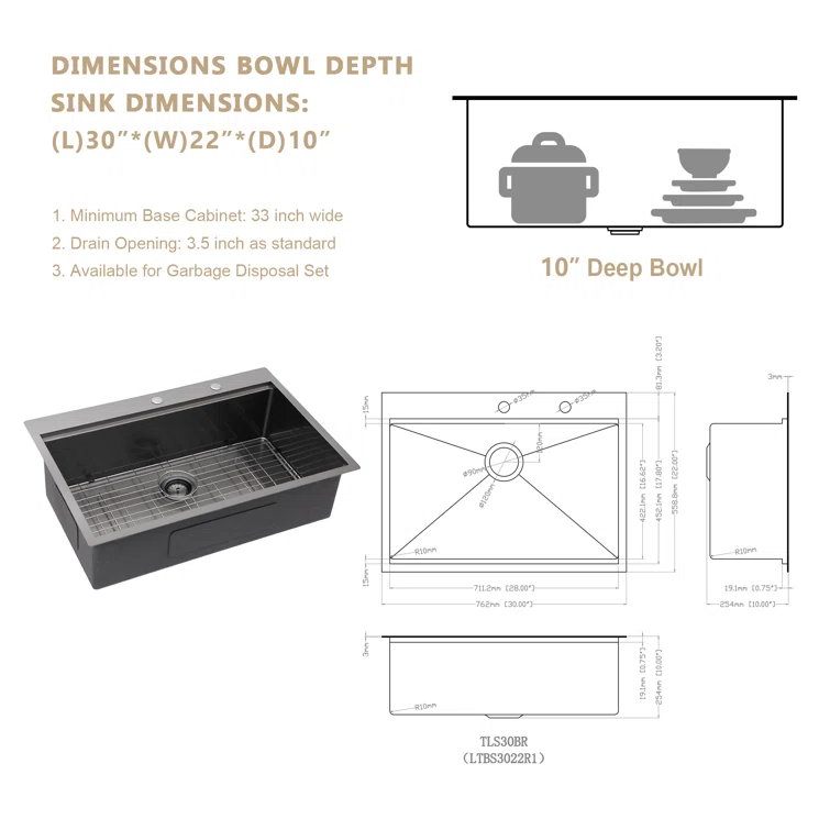 30" W x 22" D Topmount Kitchen Sink Workstation Sink Gunmetal Black Single Bowl Stainless Steel